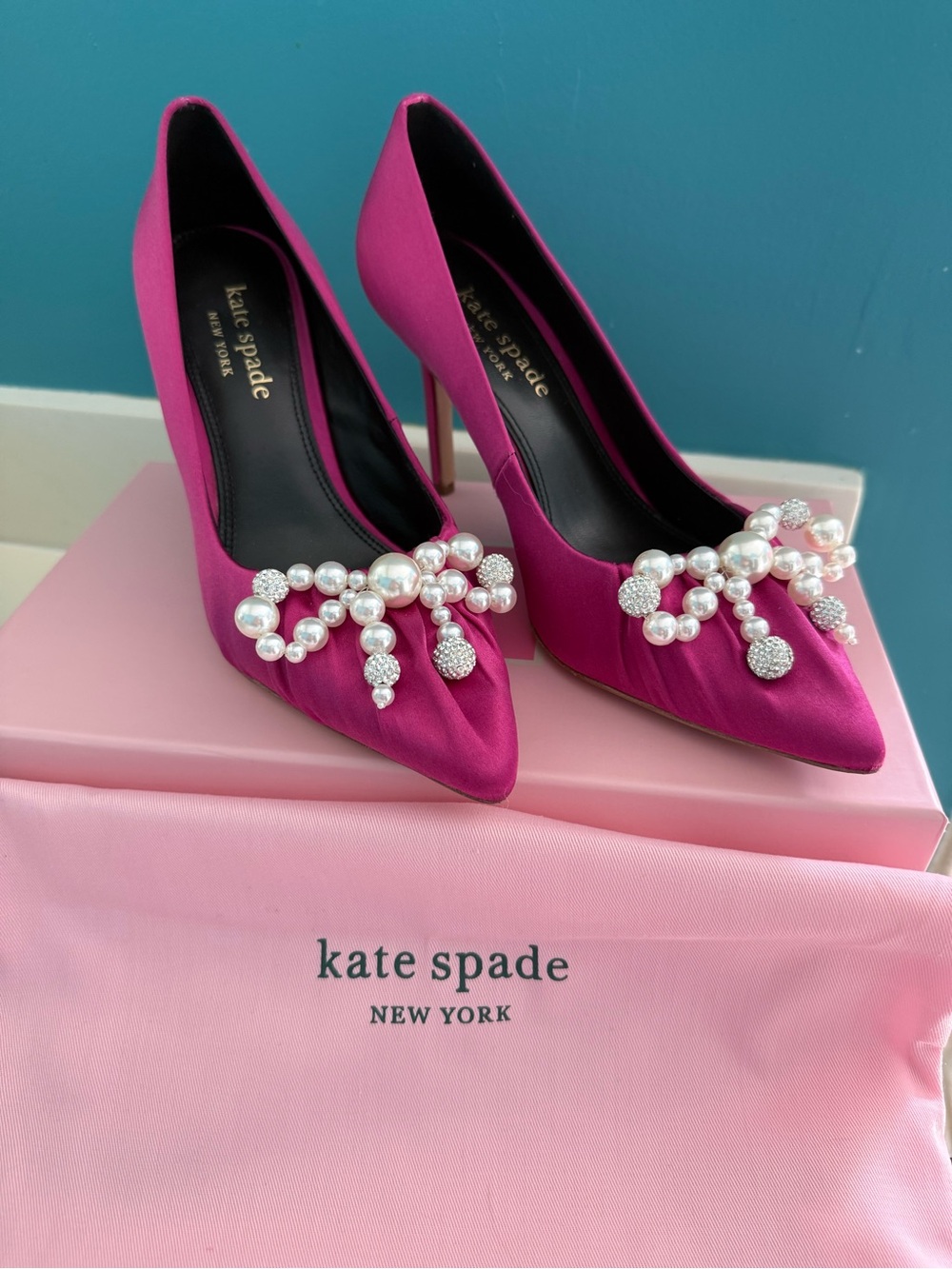 Kate Spade Elodie Fuchsia Satin and Pearl Embellished Pointed-Toe Pumps
